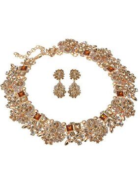 Vintage Crystal Rhinestone Choker Bib Necklace & Earring Set - Fashion Jewelry